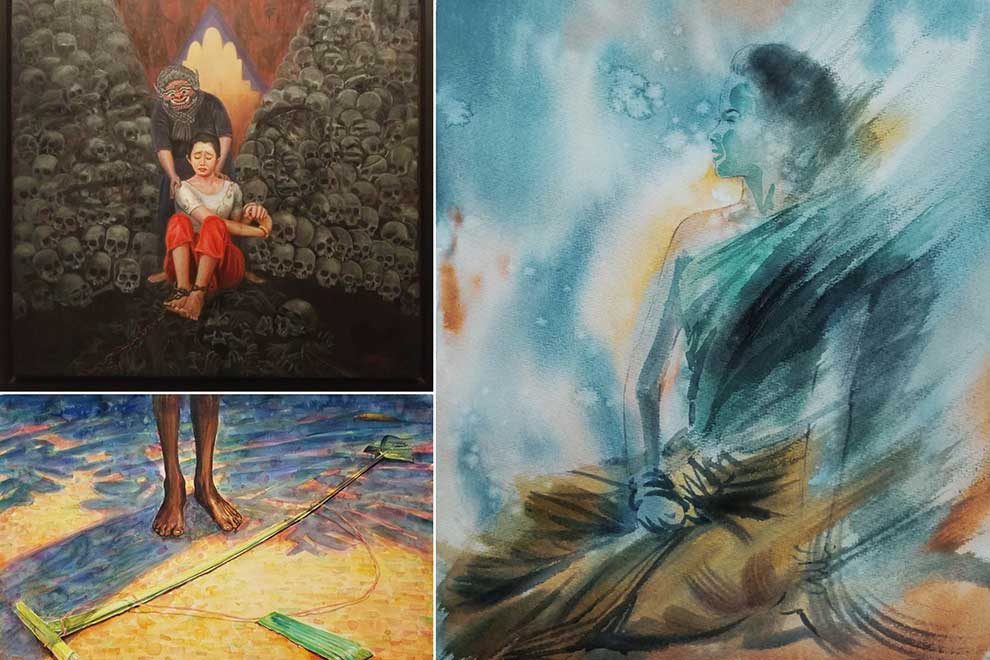 (Top left) Phyra’s Behind the Black Curtain and Seila’s (bottom left) Childhood Memory  and Blurry Dream. SUPPLIED