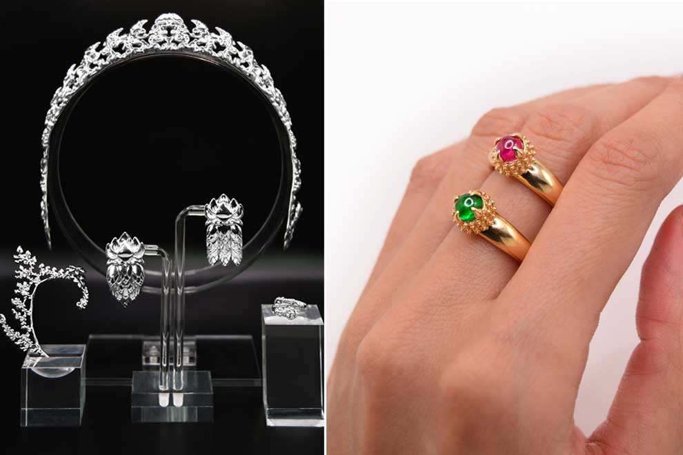 (Left) Ear cuffs, earrings, crowns and rings will be available at the Smithsonian store. (Right) Morokot (emerald) and gottum (ruby) rings set in 18k gold and 14k gold respectively. SUPPLIED
