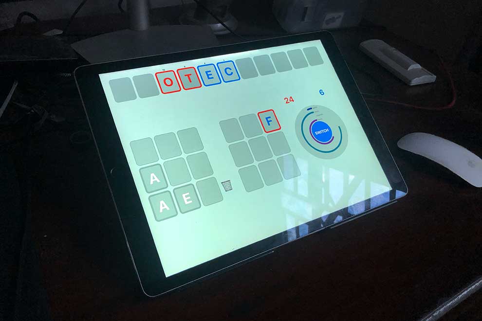 WordsBy2 on an iPad. Players around the world can join in by paying a fee to play in a tournament with a cash prize for the winner and the rest going to NGOs. SUPPLIED