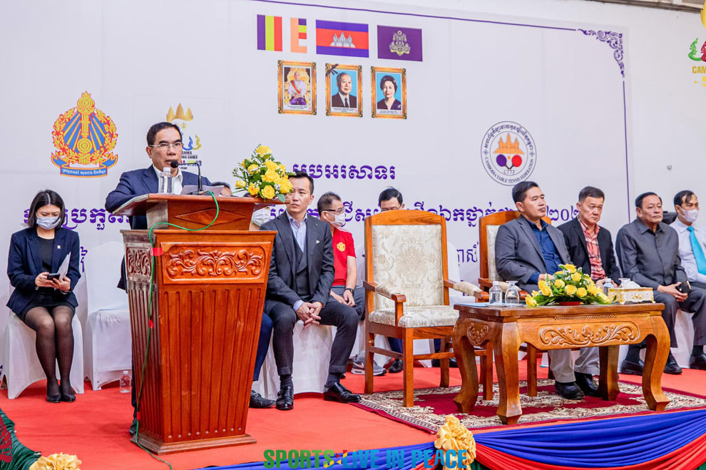 Kirth Chantharith, head of the General Department of Immigration and president of the Cambodia Table Tennis Federation (CTTF), speaking at the July 22 closing ceremony of the 2021 national table tennis tournament. SUPPLIED