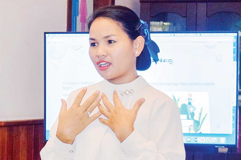 Soun Sreyneang, one of the beneficiaries of Ponheary Ly Foundation, speaks at a workshop in June. PONHEARY LY FOUNDATION