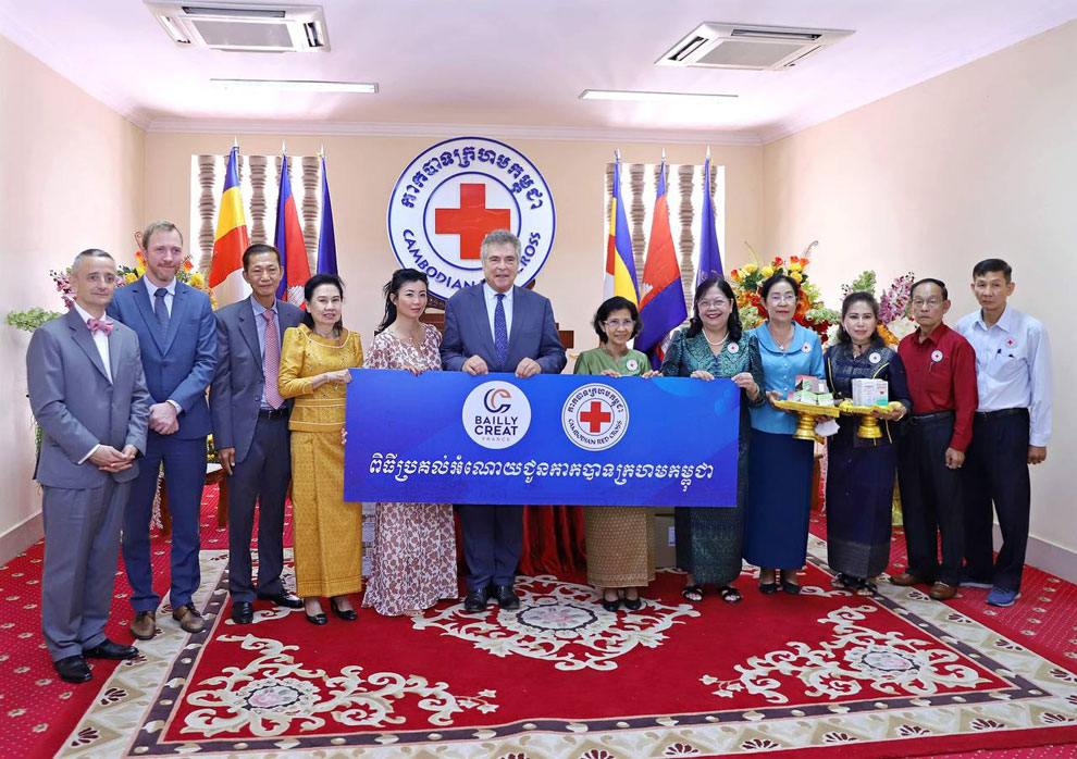 The Cambodian Red Cross receives medicines from Patrick Chaoy. SUPPLIED
