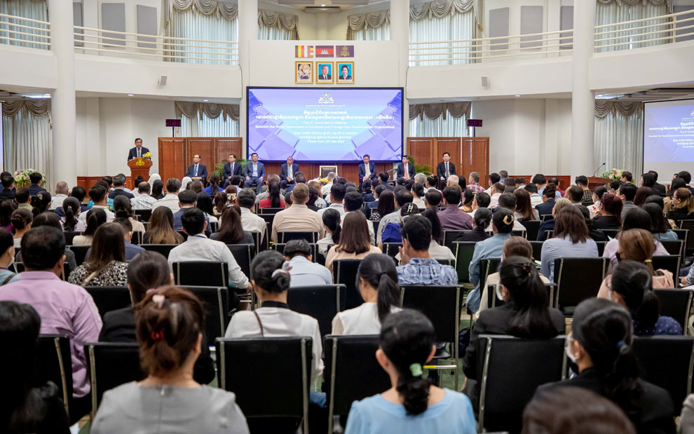 Foreign Minister Prak Sokhonn speaks at the podium during a consultative meeting with foreign NGOs in Cambodia on May 3. MFAIC