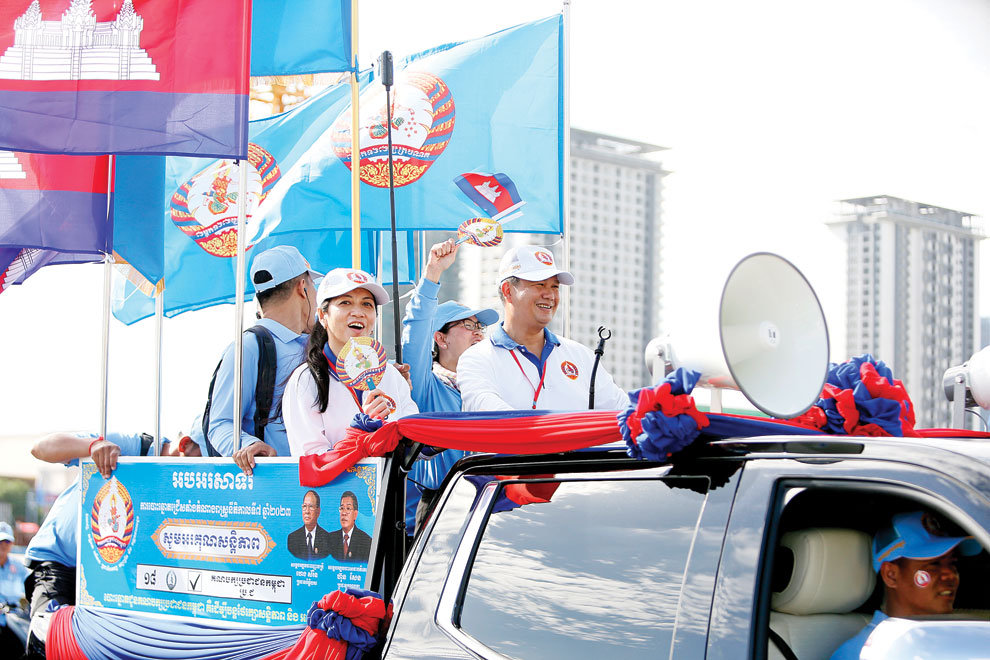 Hun Manet on the campaign trail in Phnom Penh for the ruling Cambodian People’s Party (CPP) on July 1.