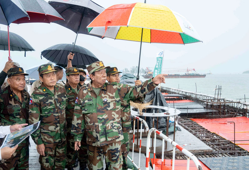 Ddefence minister Tea Banh inspects the construction at Ream Naval Base on July 30. TEA BANH VIA FB