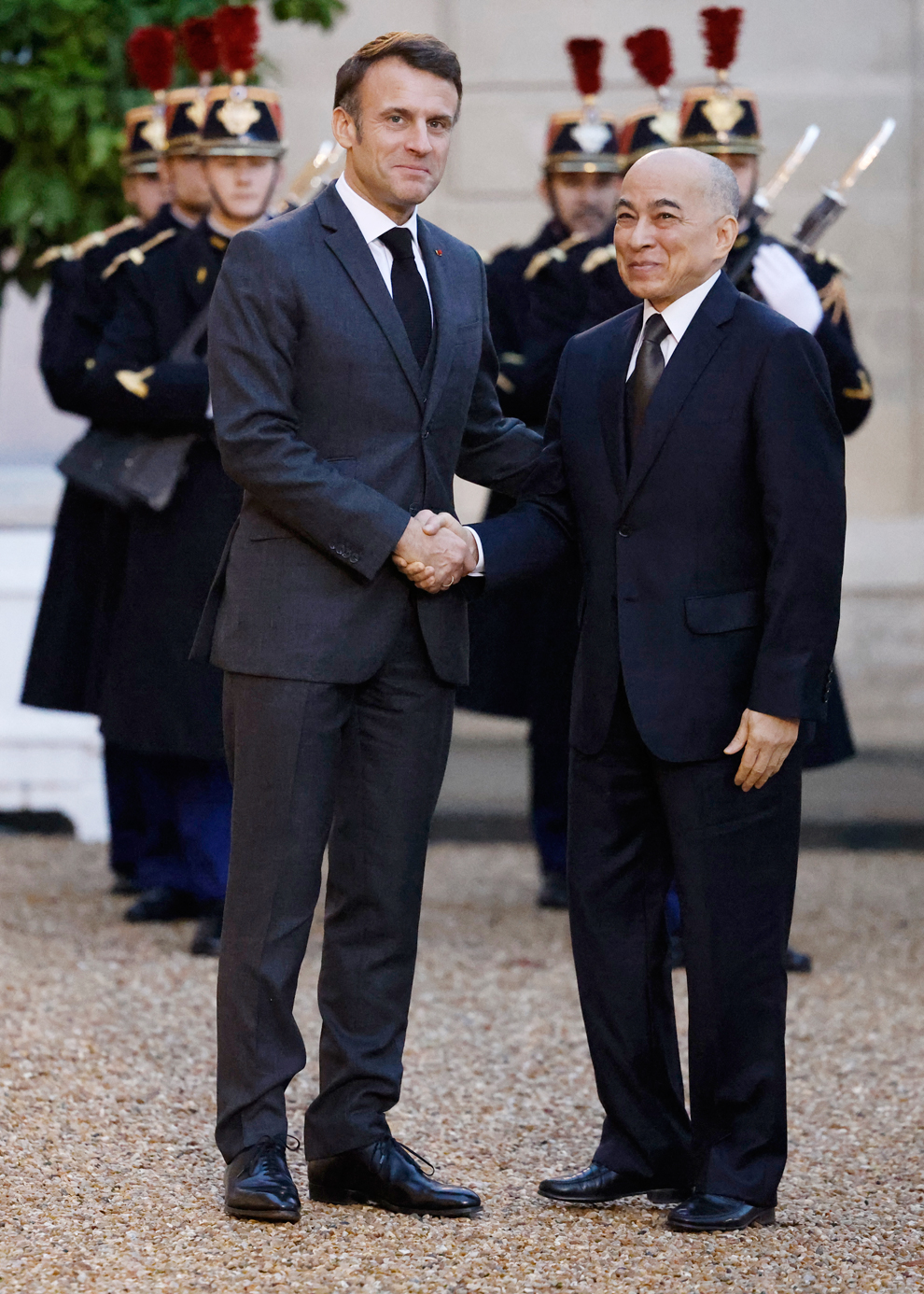 King Norodom Sihanomi and French president Emmanuel Macron meet in Paris on November 13. AFP