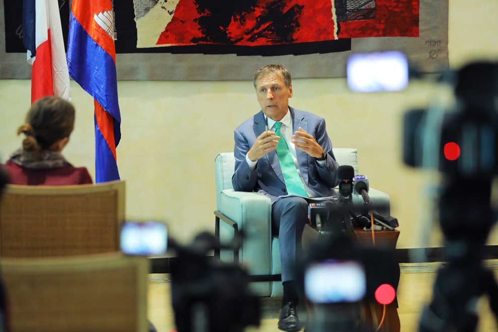 French ambassador Jacques Pellet holds a press conference on Prime Minister Hun Manet’s official visit to Paris, at the embassy in Phnom Penh on January 15.
