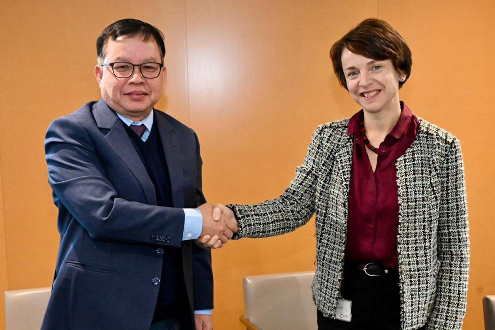 Ros Seilava, secretary of state at the Ministry of Economy and Finance, discussed with Marie-Helene Loison, deputy CEO of AFD during Prime Minister Hun Manet’s official visit to France last week. Photo supplied