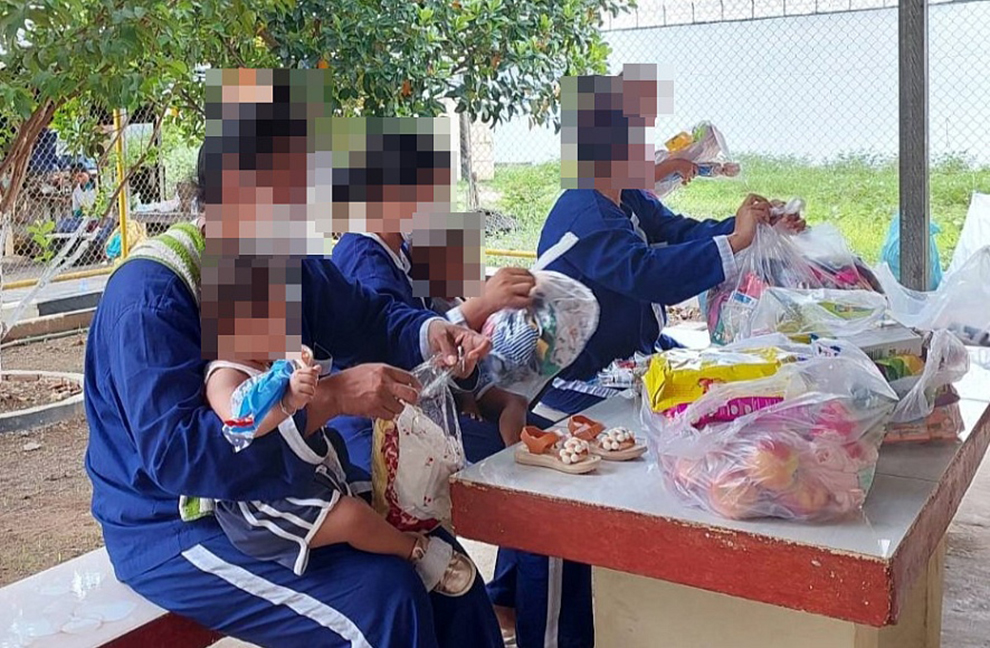 Three mothers, who are detained in Kampong Cham prison with their children, pictured on 29 May 2024. Licadho