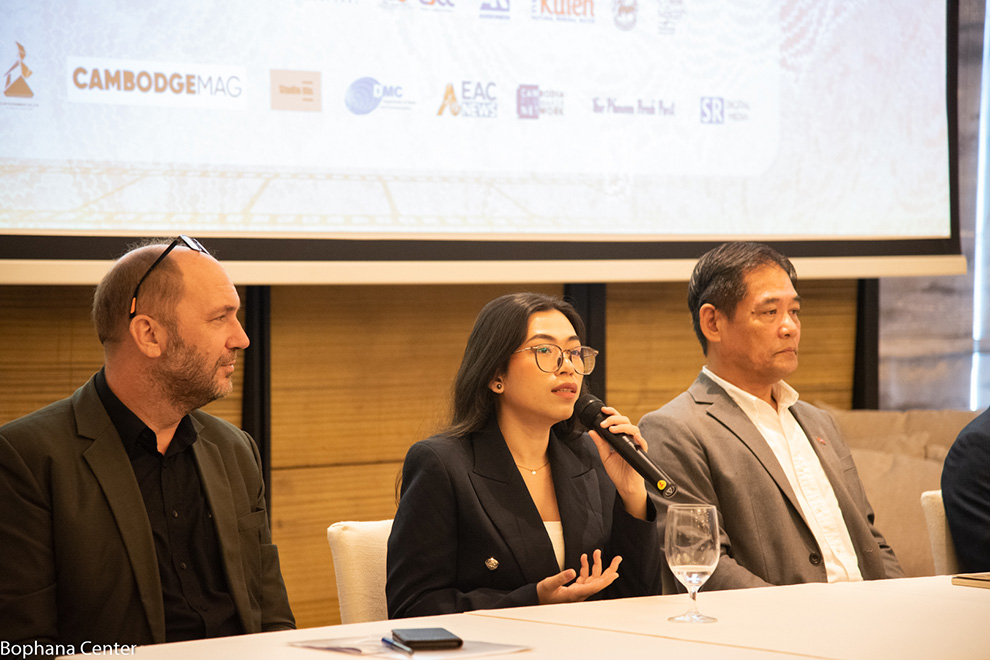 Sinn Setsochhata (centre), granddaughter of the late Sinn Sisamouth, addresses a June 19 press conference on the festival. Bophana Centre