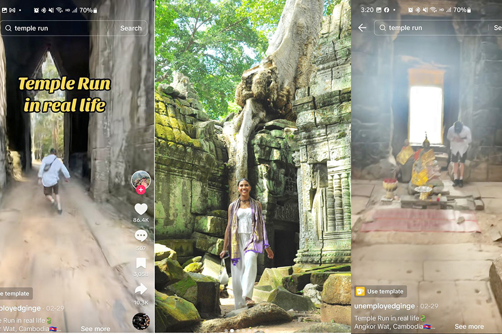 A tourist plays real-life Temple Run at Angkor Wat, while Angelina Dougherty (centre), basks in the atmosphere of the ancient ruins of Ta Prohm Temple. Supplied