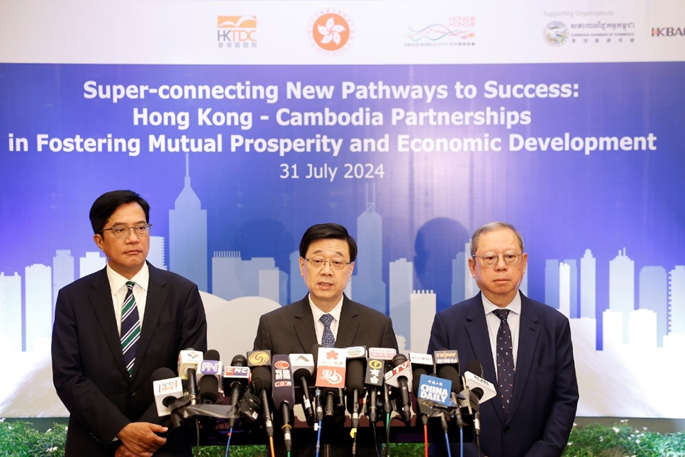 At the conclusion of the Cambodia visit, (from left) HKSAR deputy financial secretary Michael Wong; HKSAR chief executive John Lee; and Hong Kong Trade Development Council (HKTDC) chairman Peter K N Lam, said that Hong Kong has been making great strides in new sectors, such as innovation and sustainability, in which they can collaborate with Cambodia. Supplied