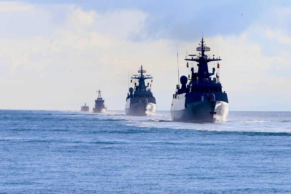 Naval vessels steam in a line astern formation as part of the joint “Golden Dragon” exercises between Chinese and Cambodian forces, held in the Kingdom in May of this year. Defence ministry