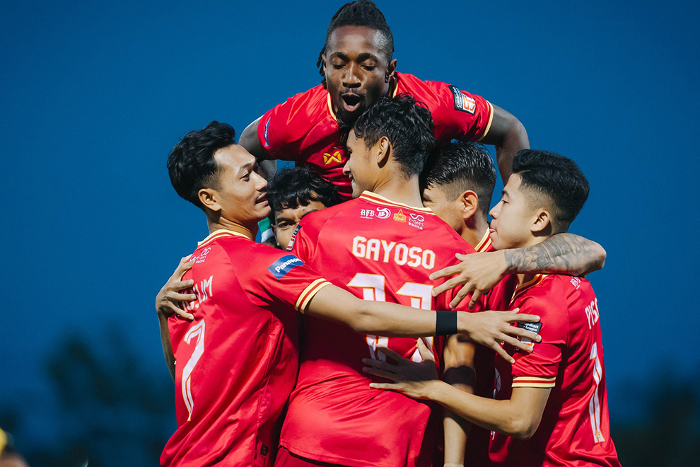 Crown players celebrate their ascension to the top of the Cambodia Premier League table, following a 6-2 defeat of NagaWorld. Phnom Penh Crown