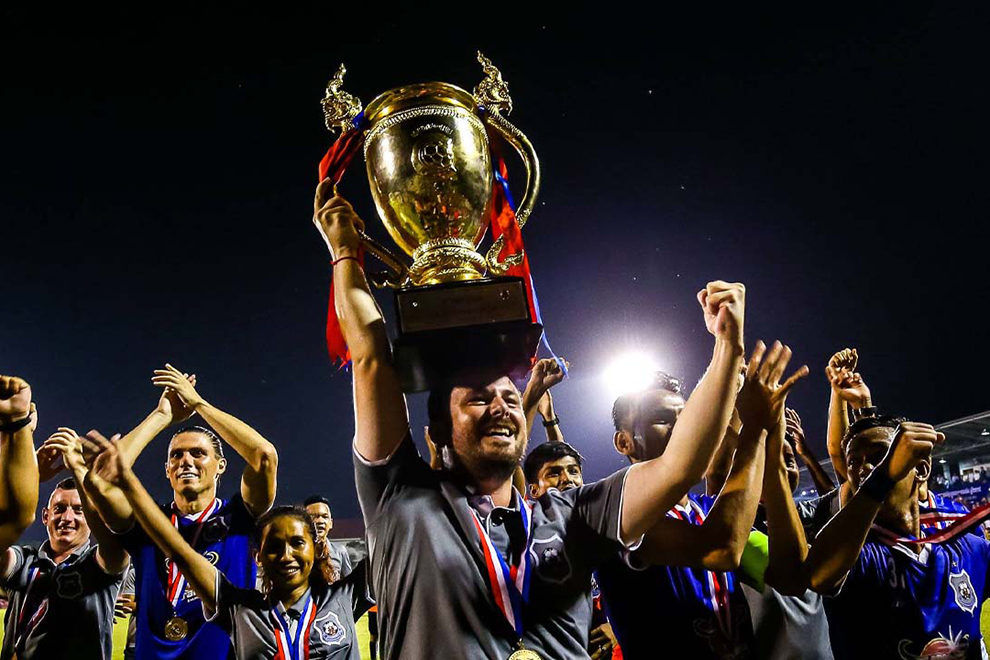 Nestor celebrates one of his earlier triumphs with Preah Khan Reach Svay Rieng. He has returned to Cambodian football as head coach of Boeung Ket FC, following a short stint overseas. Post Staff