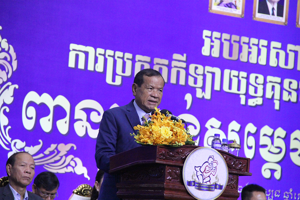 Thong Khon, president of the National Olympic Committee of Committee (NOCC), addresses the opening ceremony of the tournament, also known as the “Samdech Borvor Thipadei Cup”, which will run from October 18 to 20. Chhorn Norn