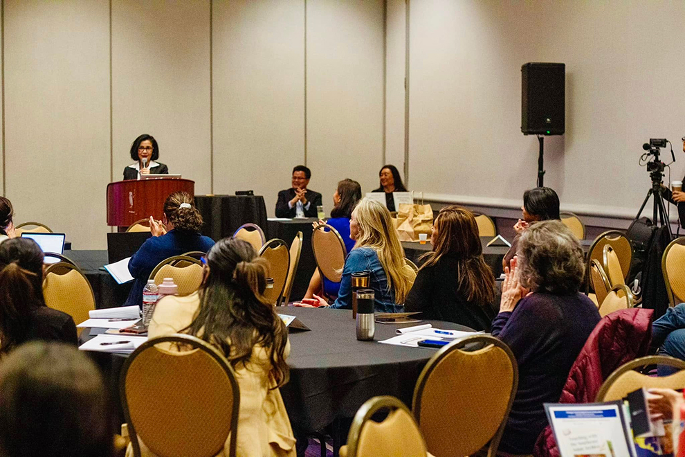 Sithea San addresses a conference held to release the Cambodian American Studies Model Curriculum at the Hilton Hotel in Downtown Long Beach, California. Supplied
