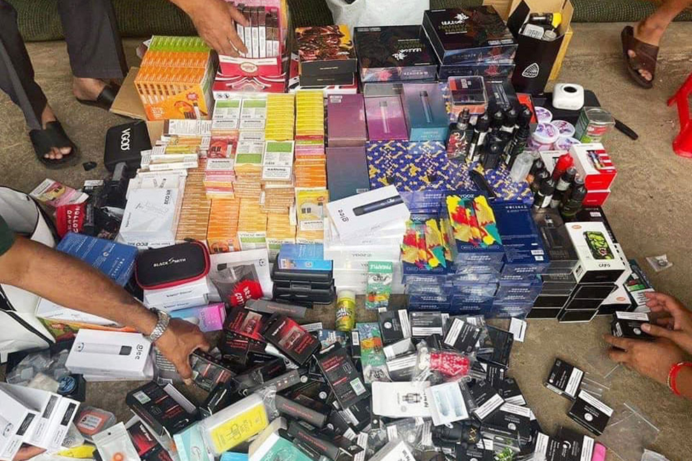Police seized 19 sets of e-cigarettes, 215 sets of vaping paraphernalia and 1,417 bottles of vapour liquid – or “vape juice” – during raids in 2022. National Police