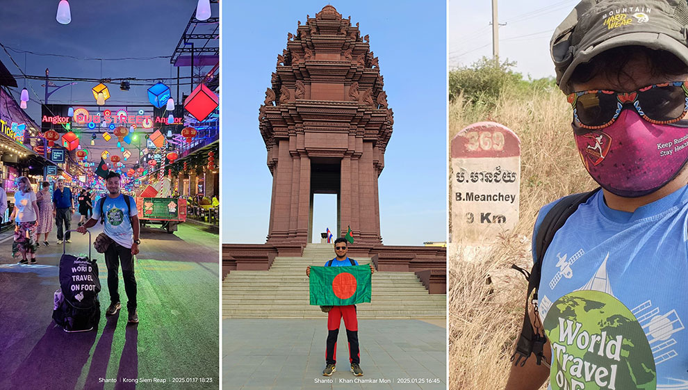 A combo photo of Shanto Pub Street of Siem Reap, in front of the Independence Monument and along a road in Banteay Meanchey province. Supplied