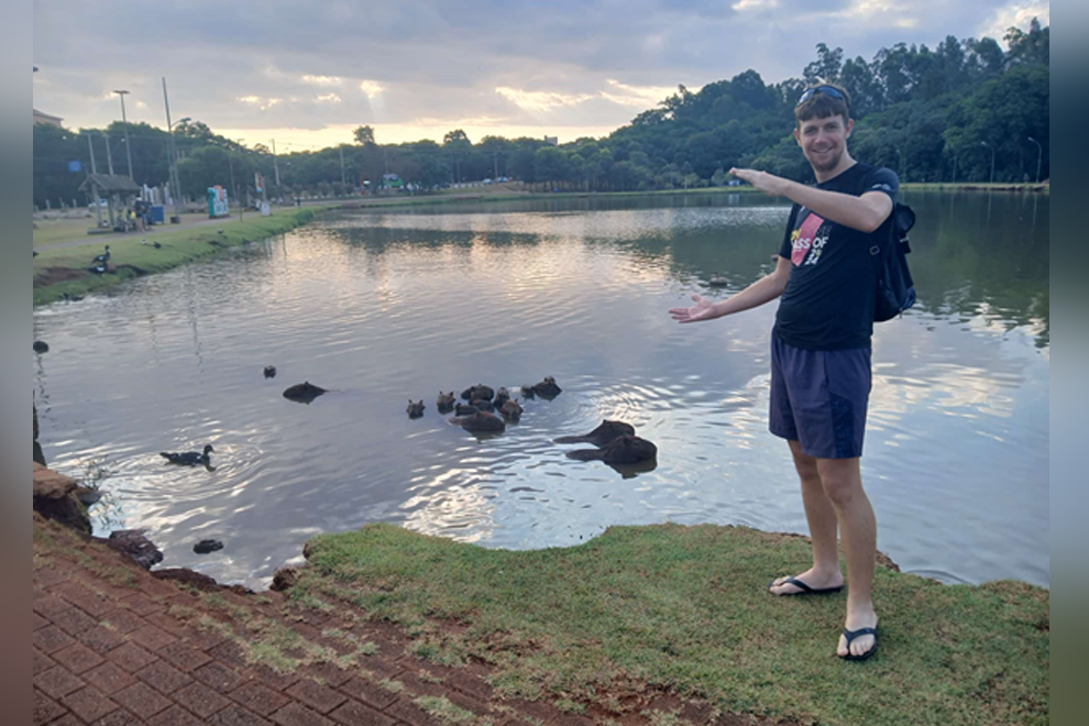 Tim takes a moment to watch the capybara swimming in a lake at Marechal Cândido Rondon in Paraná, Brazil. Supplied