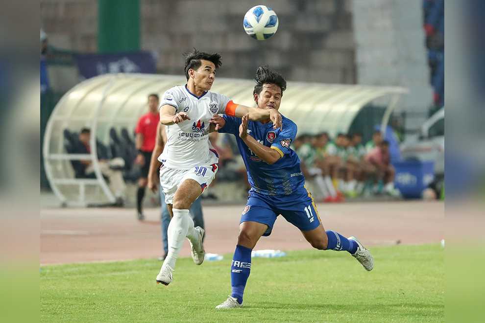 Striker Mat Noron (in white), scored the equaliser for Boeung Ket in the 79th minute of the match at the National Stadium on Sunday. CPL