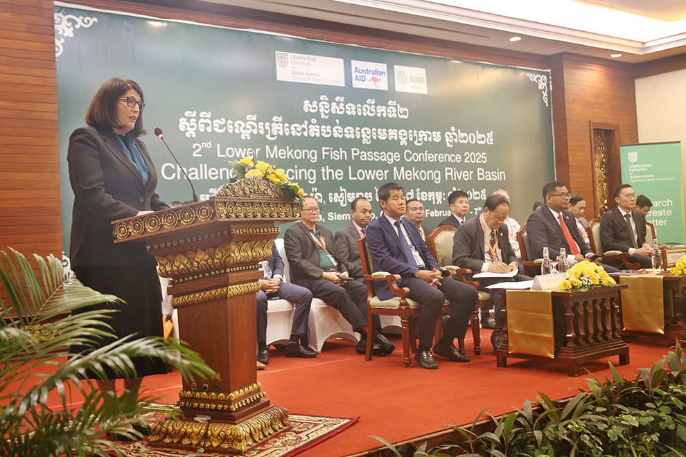 ACIAR's CEO, Wendy Umberger, addresses the 2nd Lower Mekong Fish Passage Conference 2025 in Siem Reap. Hong Raksmey