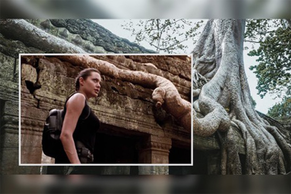 Angelina Jolie at Ta Prohm Temple in a scene from Tomb Raider, shot in 2001. Film Nerd FB