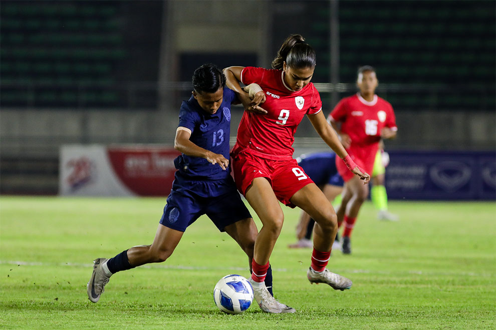 The Cambodian national team (in blue) in action in the final of the AFF Women's Cup 2024. FFC