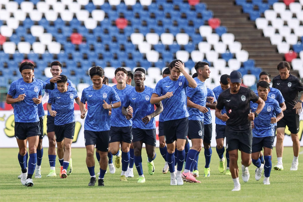The Cambodian national side train ahead of the ASEAN Championship Mitsubishi Electric Cup 2024. FFC