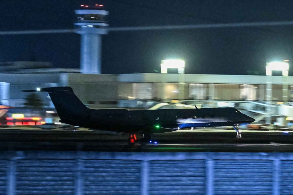 The Learjet carrying former Philippine president Rodrigo Duterte, takes off from Villamor Air Base in Pasay, Metro Manila on March 11, 2025. PHOTO: AFP