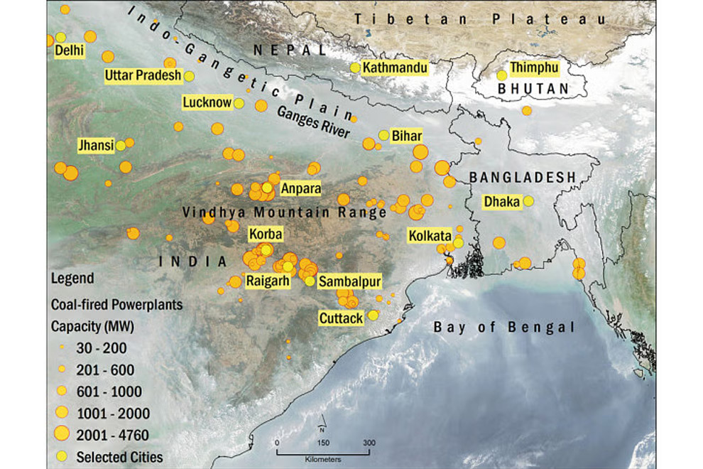 Movement of transboundary air pollution. On 28 January 2025, the Moderate Resolution Imaging Spectroradiometer (MODIS) on the Aqua and Terra satellites captured this true-color image of dust drifting across the Gangetic Plain, stretching over India and Bangladesh. Image by NASA, 2025. SOURCE: BENGAL INSTITUTE