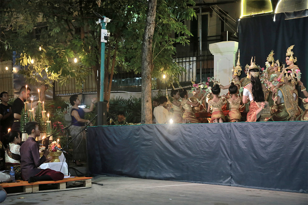 Teacher Sophiline Cheam Shapiro, was back stage, guiding her dancers. Hong Raksmey