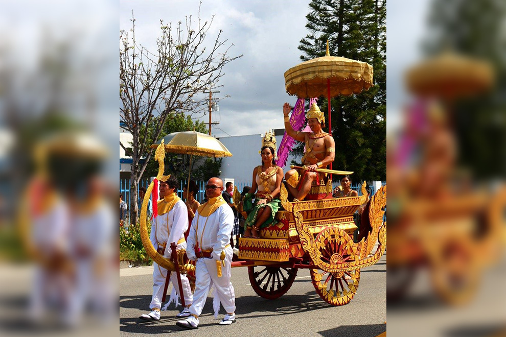 Traditional Khmer costumes and a cart take part in a previous Cambodia Town Parade and Culture Festival, in LA, the US. FB