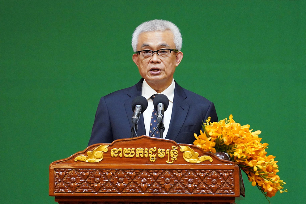 Finance minister Aun Pornmoniroth addresses a ceremony held to announce the special programme. FN