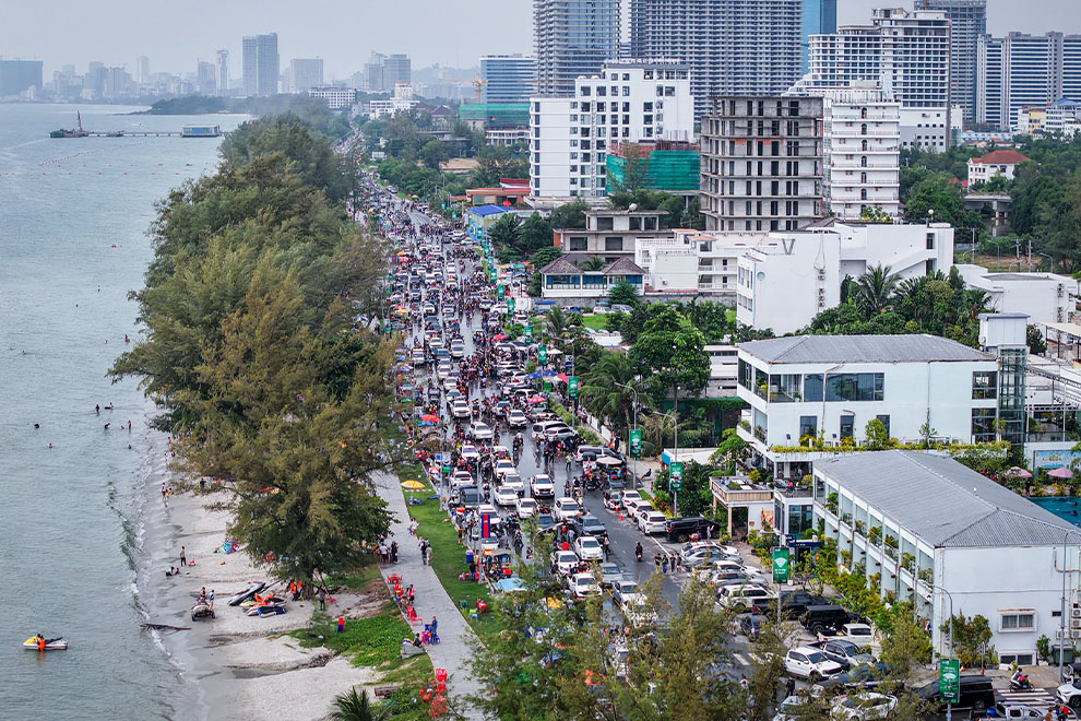 A view of Sihanoukville during the 2025 Khmer New Year celebrations. Many unfinished buildings can be seen. Preah Sihanouk Provincial Administration