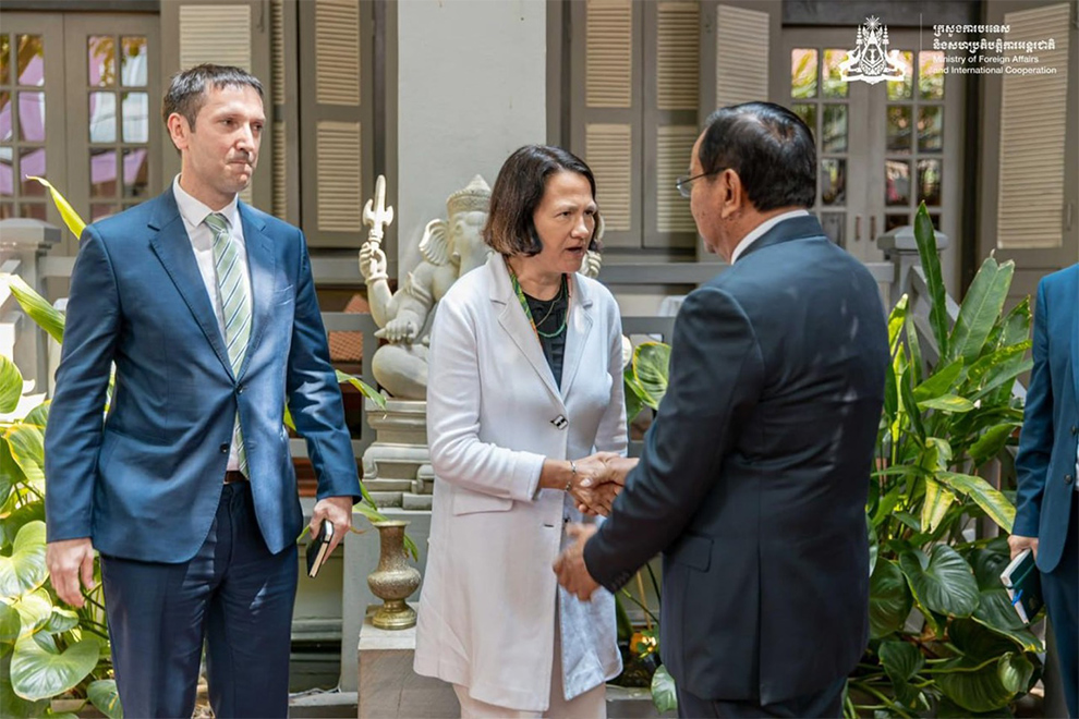UK ambassador Dominic Williams (left) and minister West (centre) also met with foreign minister Prak Sokhonn. Foreign ministry