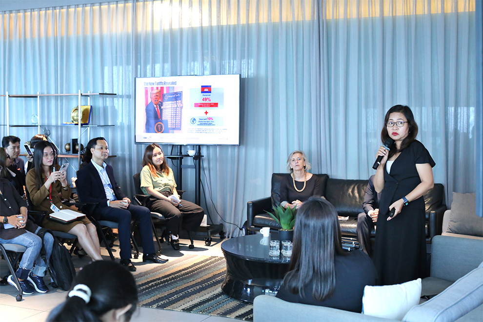 So Dary, head of Corporate Services at KPMG in Cambodia, makes a presentation on possible US reciprocal tariffs. Hong Raksmey