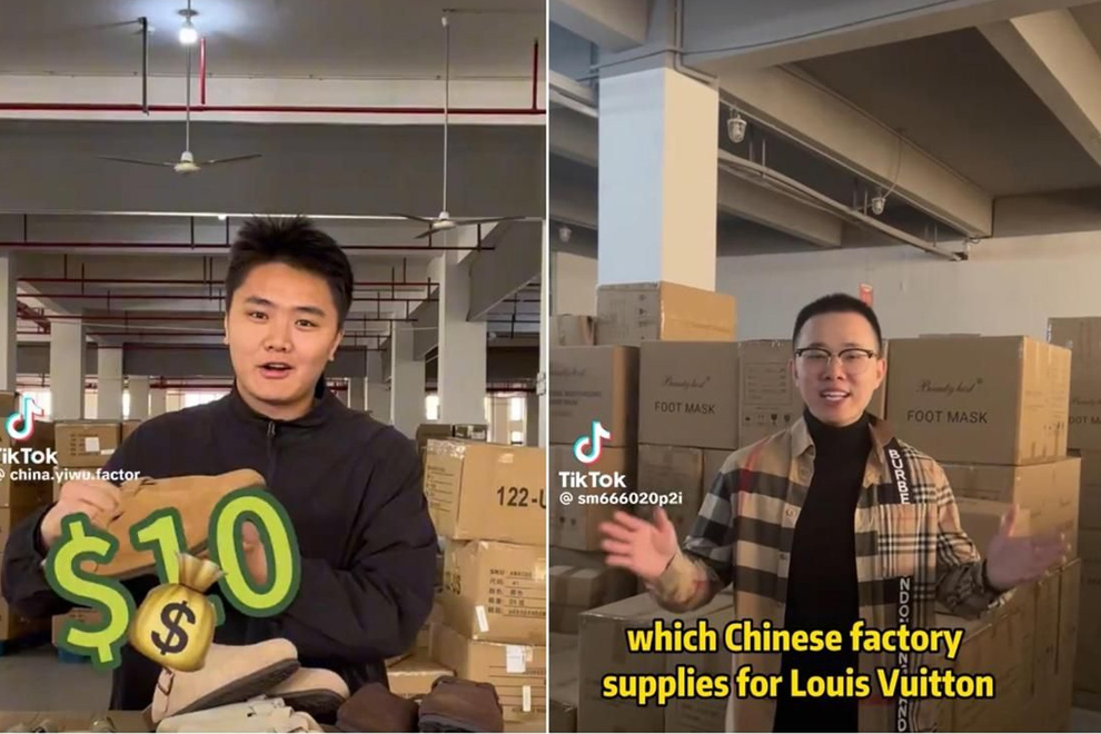 (Left) A TikTok account advertising $10 shoes that look conspicuously like Birkenstocks. (Right) TikTok account SM666020p2i allegedly exposing the Chinese factories manufacturing Louis Vuitton.PHOTOS: SCREENGRAB FROM CHINA.YIWU.FACTORY/TIKTOK, SM666020P2I/TIKTOK/THE STRAITS TIMES
