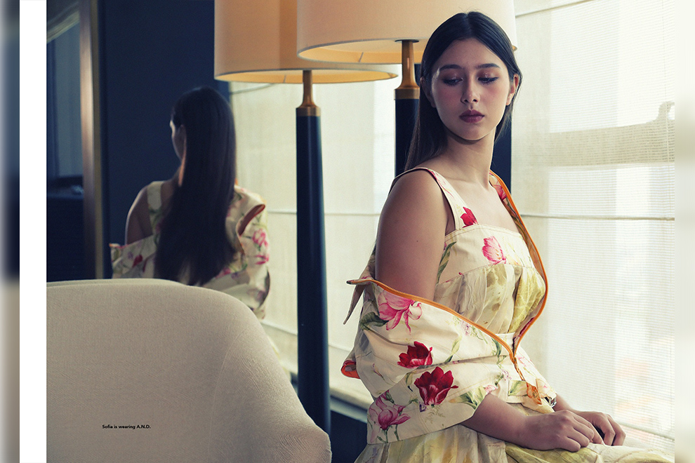 Sofia wears a delightful textured number by A.N.D. Sophea Ke