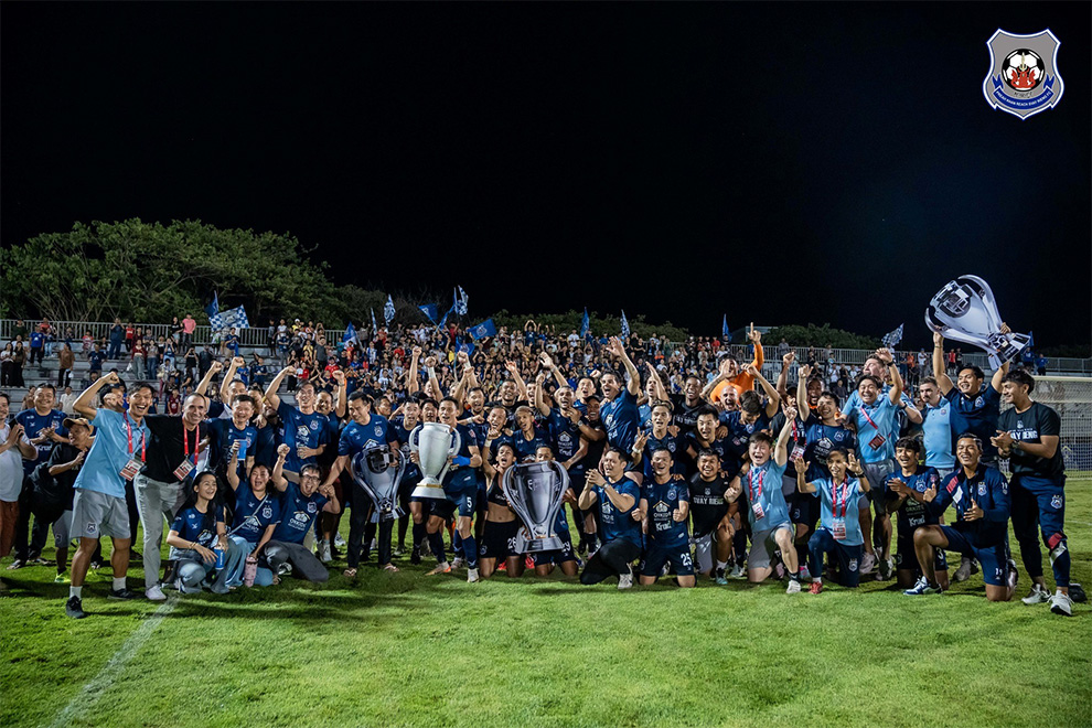 The victorious Svay Rieng squad pose for trophy shots, as they celebrate their Cambodian Premier League title, their second on the trot. Svay Rieng