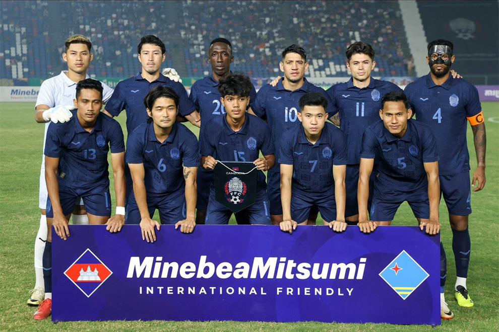 Defender No. 4 Can Mo, striker No. 10 Neito Rondon and No. 20 Coulibaly Abdel Kader appeared together for Cambodia in a friendly against Aruba. FFC