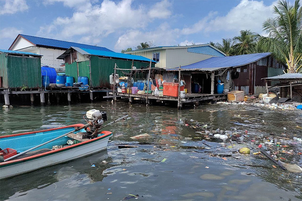 An accumulation of plastic waste near homes on Koh Kong province's Koh Sdach island. F&FI