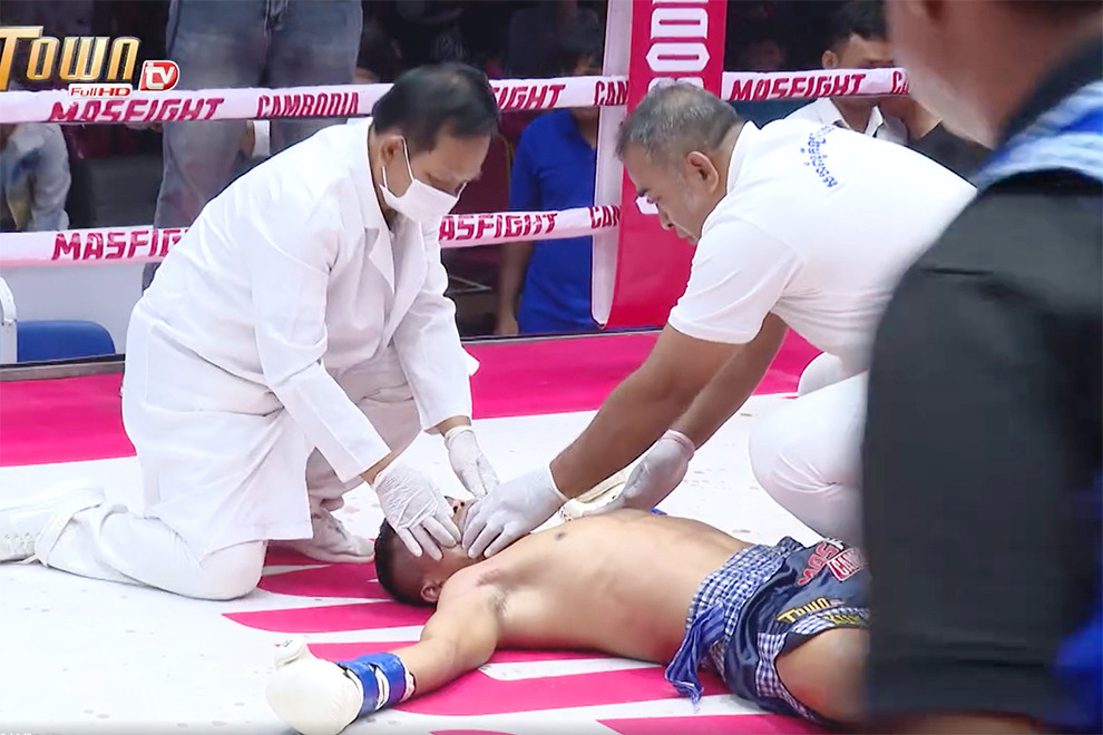 Joe Phyu lies on the floor of the ring after collapsing from the chokehold. Supplied