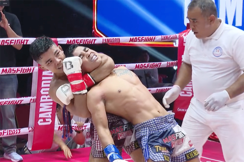 Referee Long Vibol faced widespread criticism for failing to halt a fight quickly enough after a chokehold was applied. Town Arena
