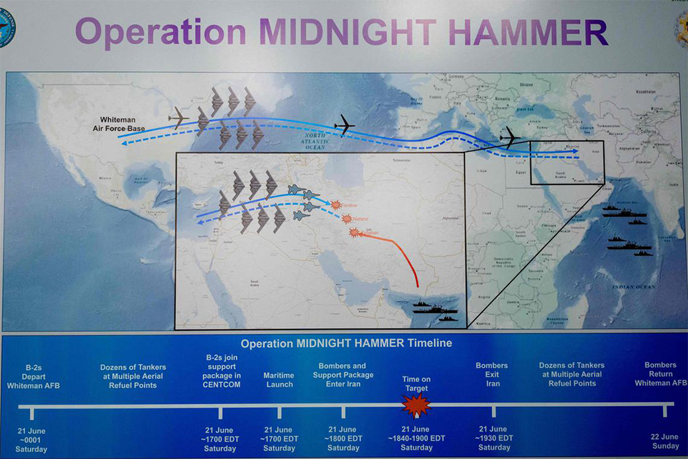 An operational timeline of a strike on Iran, displayed at a news conference at the Pentagon on June 22. PHOTO: AFP