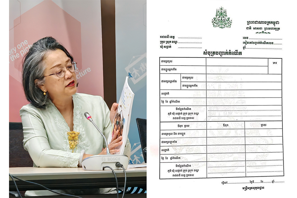 Armida Salsiah Alisjahbana, executive secretary of the Economic and Social Commission for Asia and the Pacific (ESCAP), shows t newly released progress report and a sample of a Cambodian birth certificate. Hong Raksmey