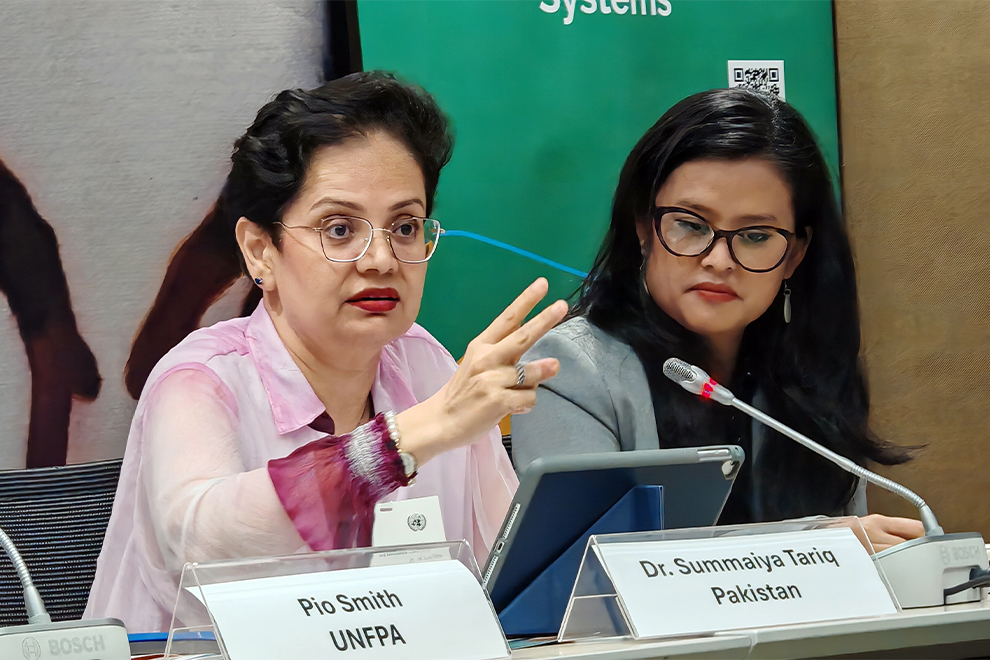 Dr. Summaiya Tariq, chief police surgeon, Government of Sindh, Pakistan, (left) delivered a compelling address during the launch of UNFPA’s 2025 State of World Population report. Hong Raksmey