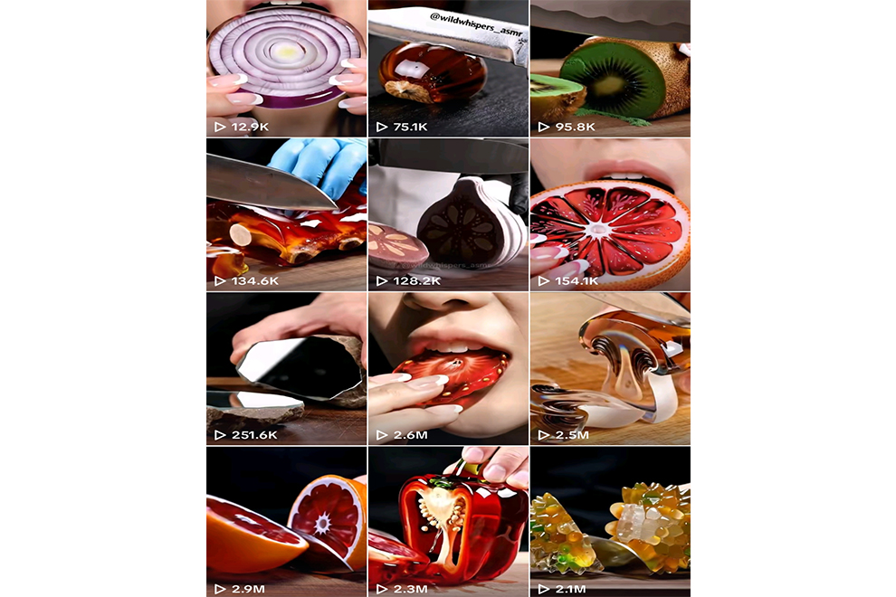 AI-generated videos on TikTok’s WildWhispersASMR channel featuring glass-like fruits and vegetables being sliced or eaten have gone viral, garnering millions of views. PHOTO: WILD WHISPERS ASMR/THE KOREA HERALD