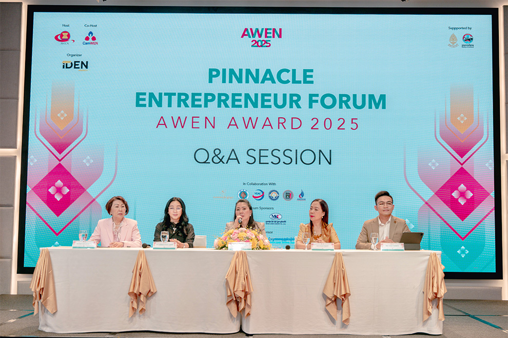 From left: Sok Channda, Chhay Sivlin, Eng Lykoung, Chan Pheary and Chin Thomith at the Pinnacle Entrepreneur Forum & AWEN Award 2025, Q&A session. Supplied