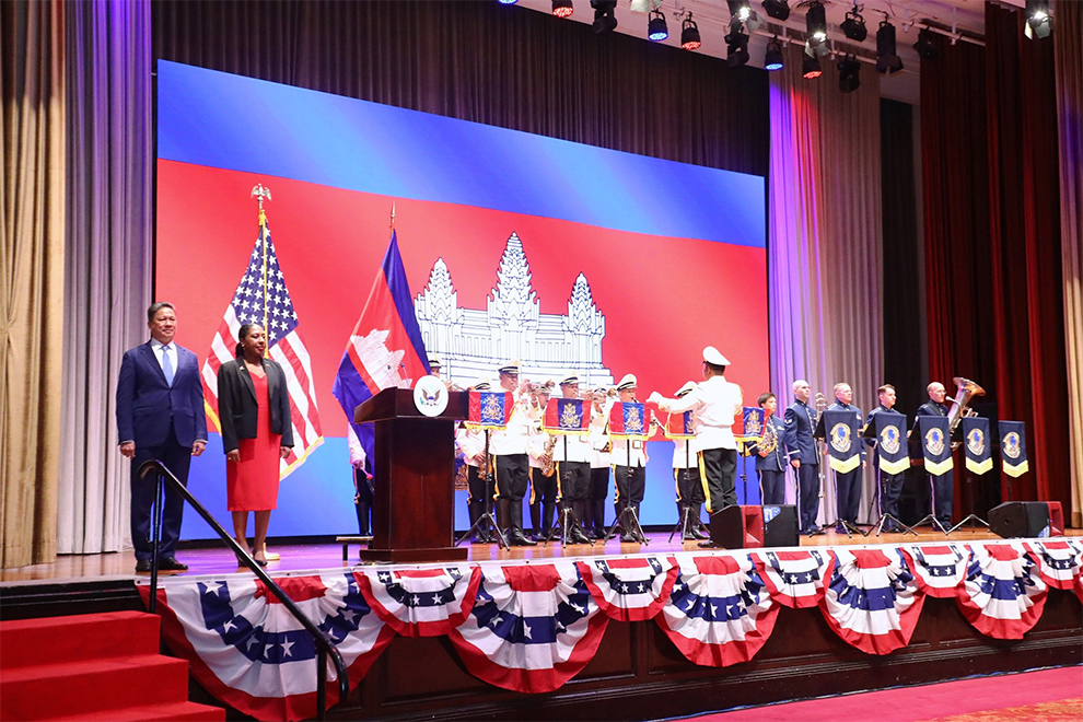 Guests were treated to a joint performance by a US Air Force band and a trumpet unit from the Royal Cambodian Army. FB